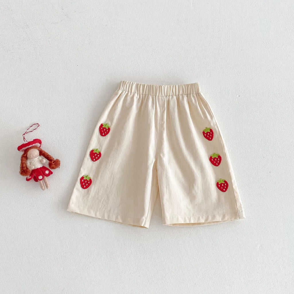 Girls Korean style strawberry patch vest and beige trousers set on child