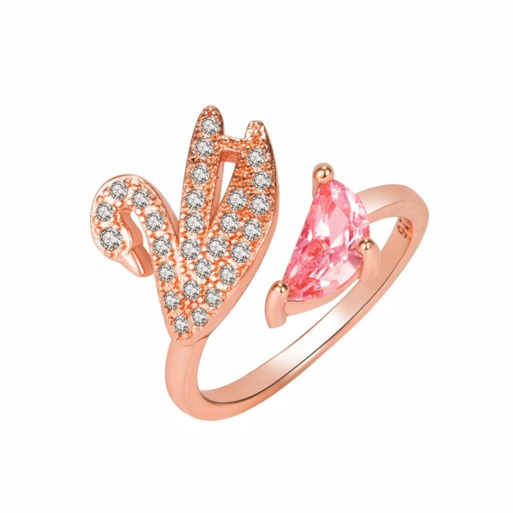 Adjustable open swan ring with zircon crystal in rose gold or white gold plated finish, unisex fashion finger ring