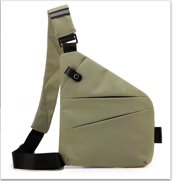 Canvas chest bag for men in black Oxford cloth with zipper closure, worn across the chest for anti-theft security