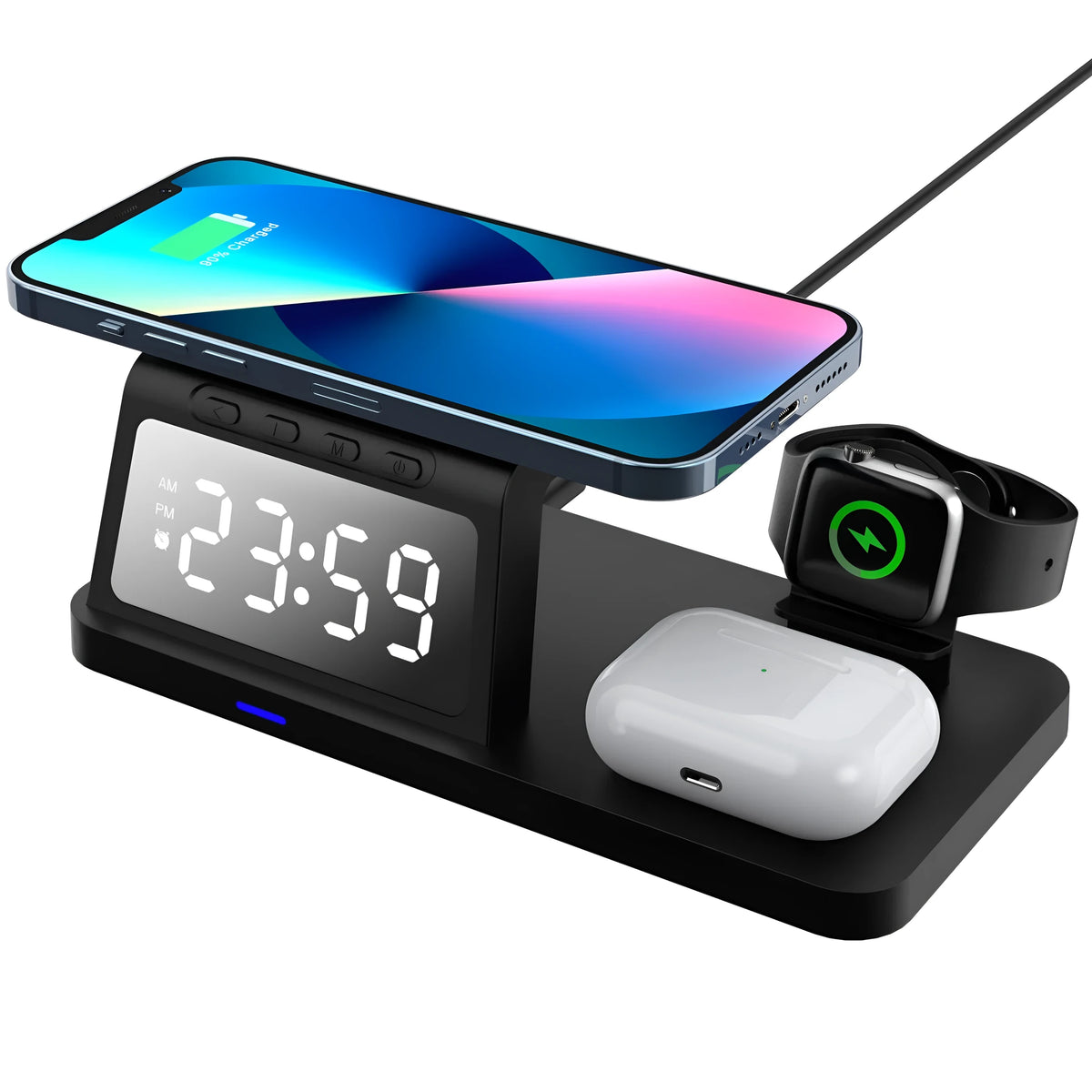 Four-in-one clock wireless charger in white or black with 15W output, QC3.0, and Type-C interface, model HT506