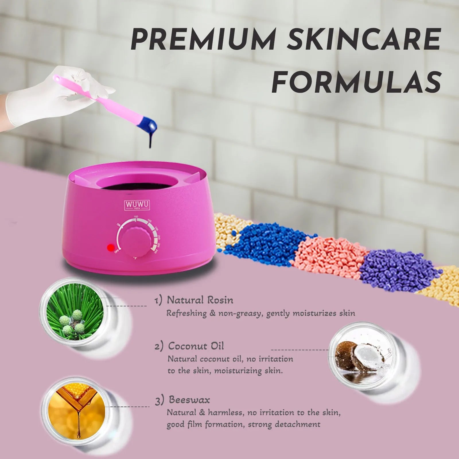 Professional waxing kit with wax warmer, five jars of hard wax beans, applicator sticks, and post-care products.