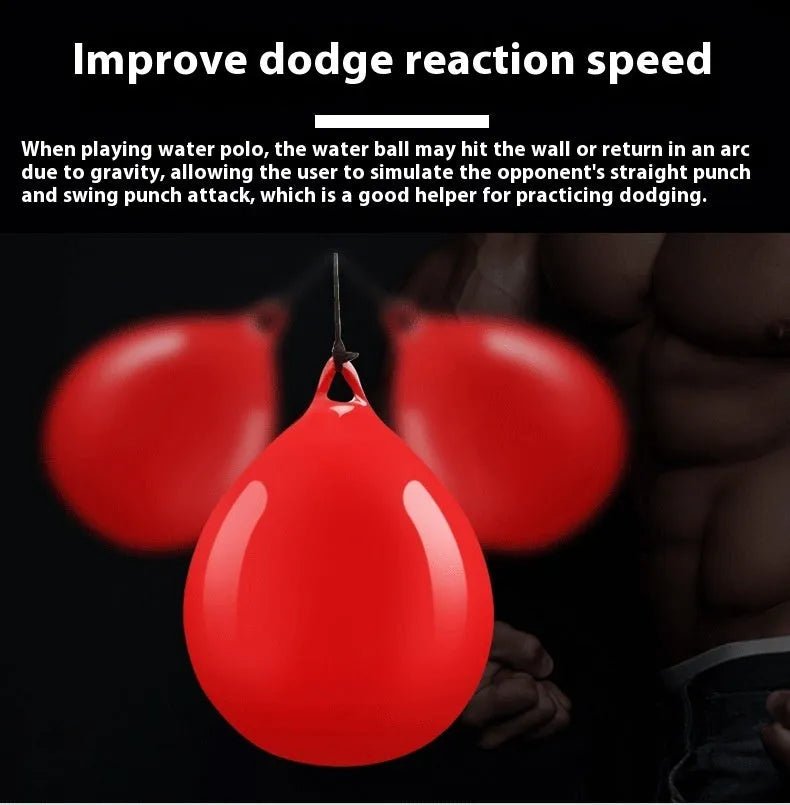 Red water-filled boxing reaction ball with hook rope for hanging installation
