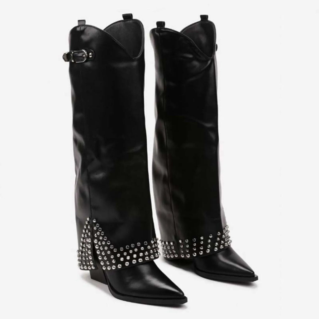 Women's frosted rivet pantyhose boots with oversleeve design in black, apricot and black matte colour options