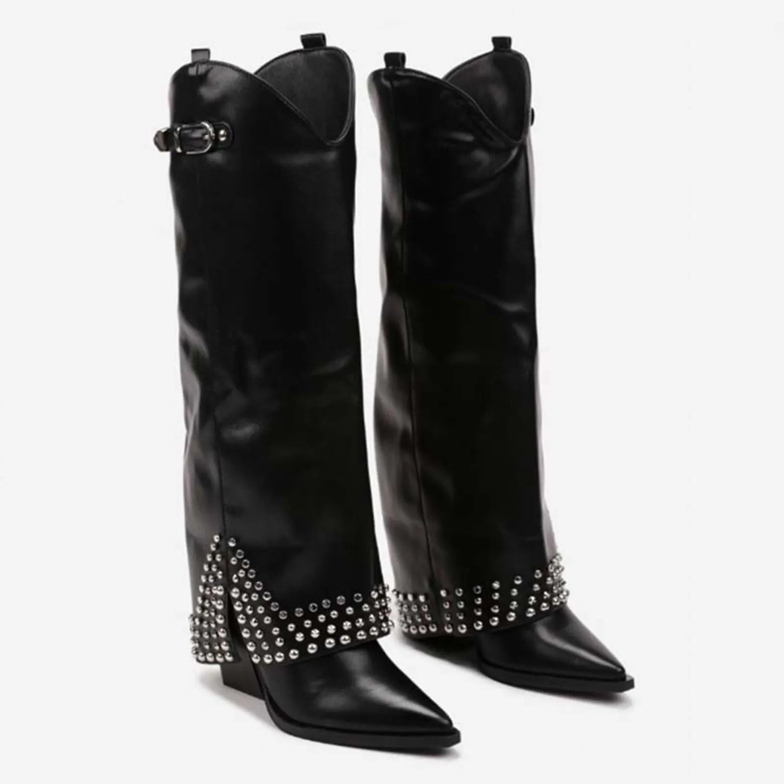 Women's frosted rivet pantyhose boots with oversleeve design in black, apricot and black matte colour options