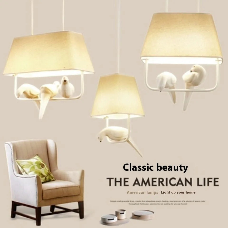 Bird-themed ceiling chandelier with fabric shade covers and iron framework for dining rooms and hallways