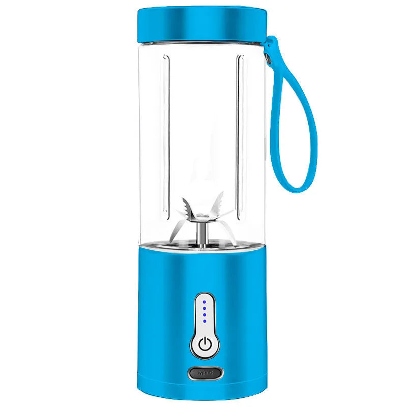 Portable hand-operated rechargeable blender with juice cup in black, white, blue, and rose red colours