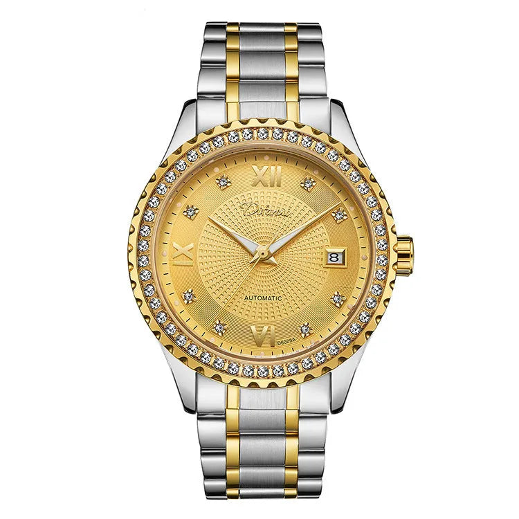 Men's gold automatic mechanical watch with luminous hands on a black dial, showing a 13mm thick waterproof case.
