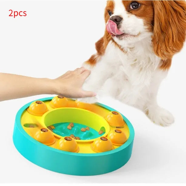 Square lake blue pet puzzle bowl with central slow-feeding column and top-mounted food turntable on a non-slip base.