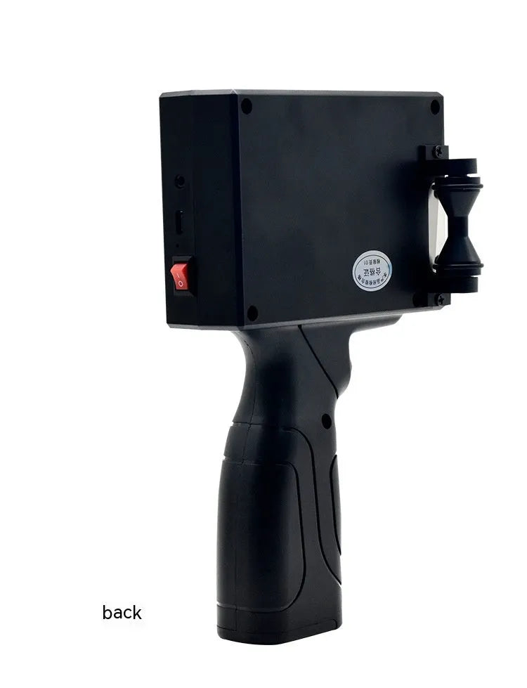 Portable handheld code-spraying machine SC18 inkjet printer with HT01 ink cartridge on industrial background