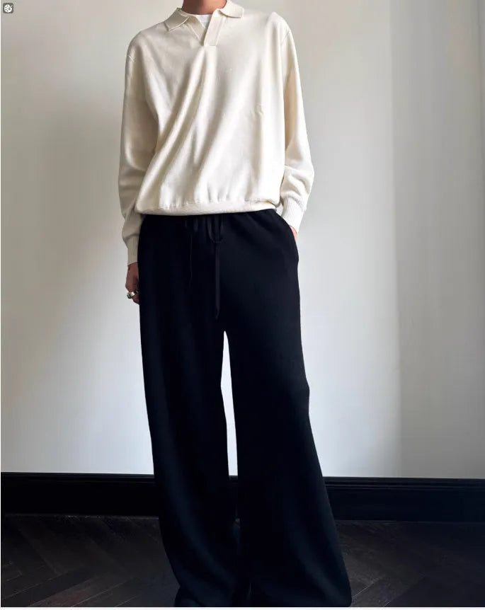 Pure wool polo sweater with lapel collar in loose fit, shown in milky white and navy blue.