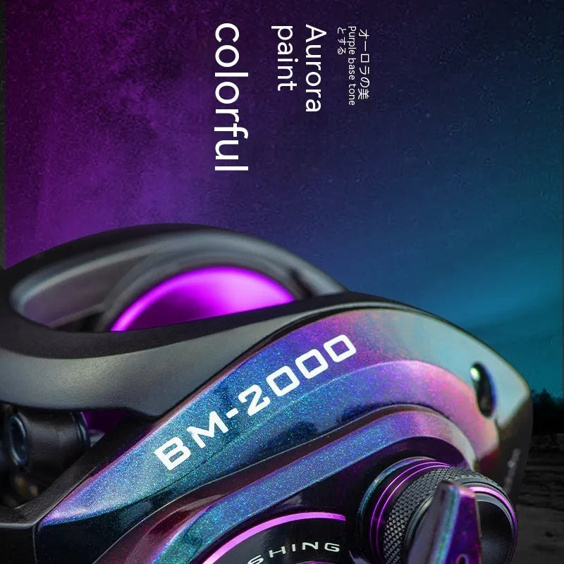 BM2000 water drop-shaped fishing reel with magnetic brake system shown in product packaging
