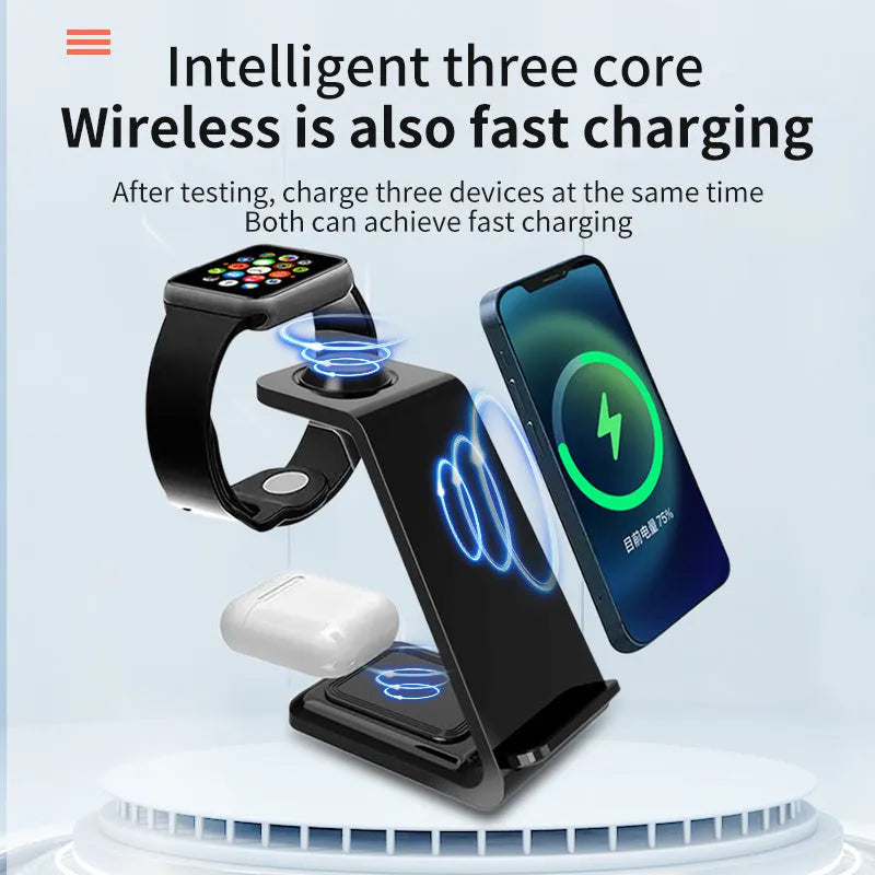 White 3-in-1 wireless charging stand holding a mobile phone upright next to wireless earbuds on its base.