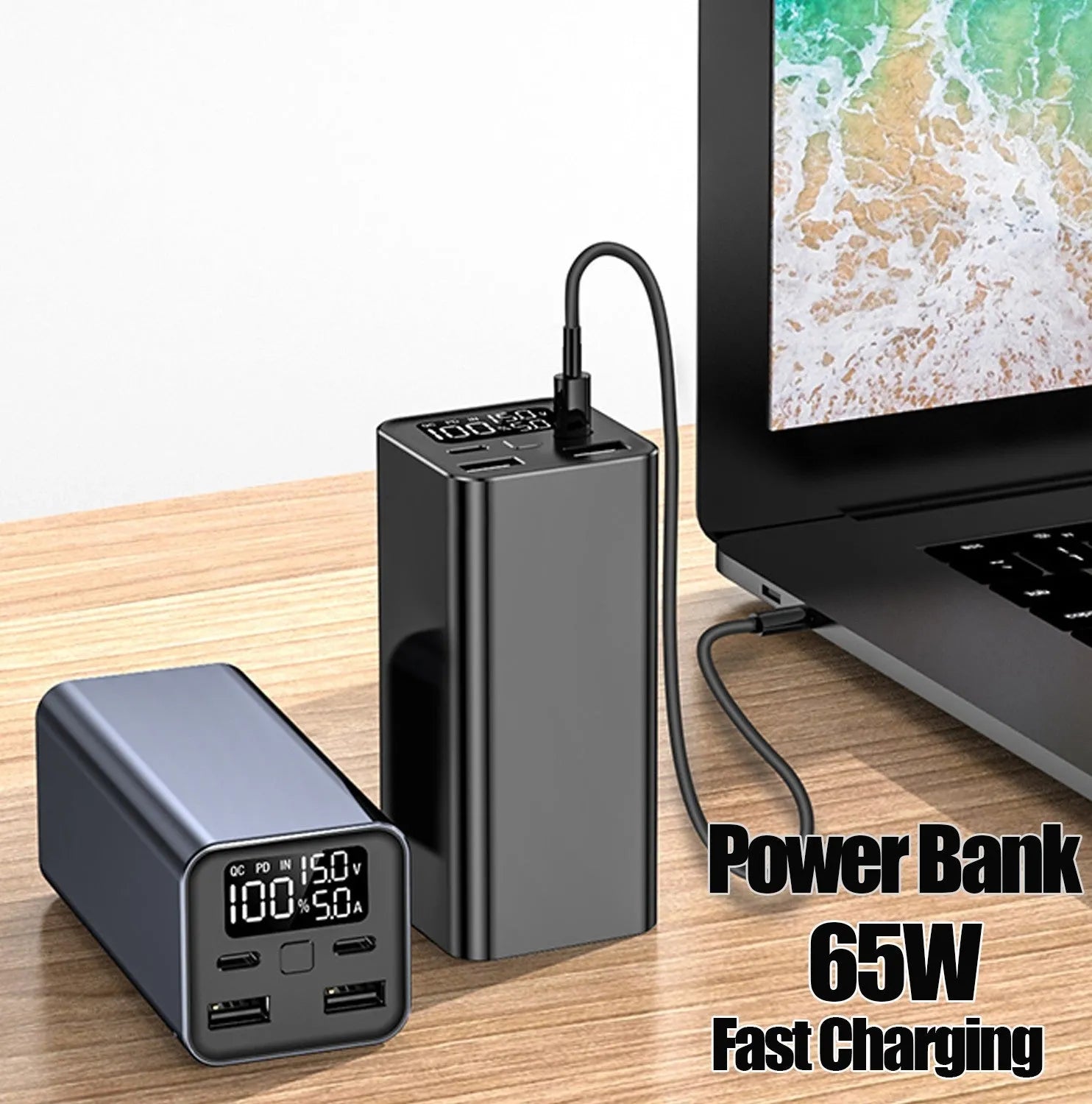 Black high power 65W metal charging bank with 20000mAh capacity for laptops