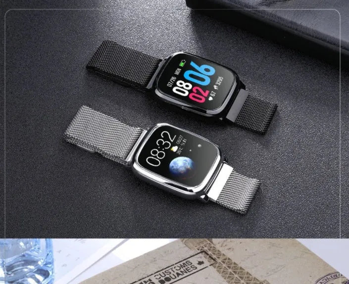 Smart pedometer watch with temperature measurement on wrist, showing 1.3-inch screen displaying fitness data