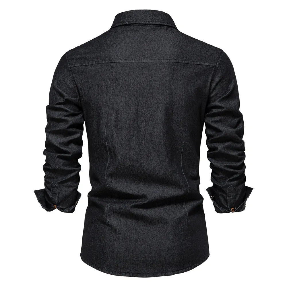 Men's slim fit long-sleeved denim shirt in cotton, shown in a solid colour.