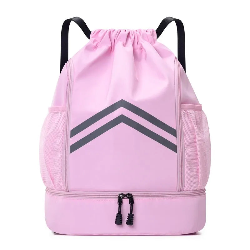 Men's reflective drawstring sports backpack in Oxford cloth with curved shoulder strap, available in multiple colours for outdoor activities