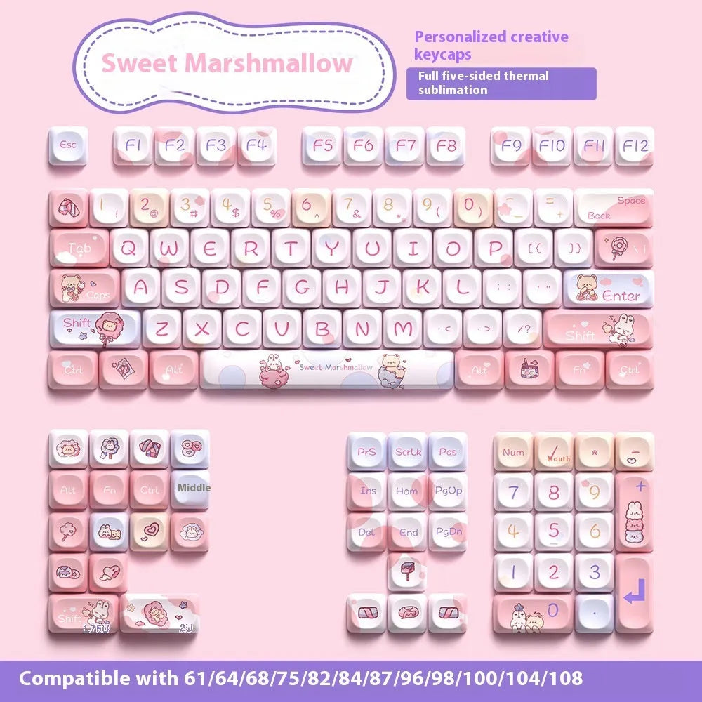 Sweet Cotton Candy coloured PBT keycap set for mechanical keyboards, showing 112-key and 120-key box options.