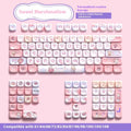 Sweet Cotton Candy coloured PBT keycap set for mechanical keyboards, showing 112-key and 120-key box options.