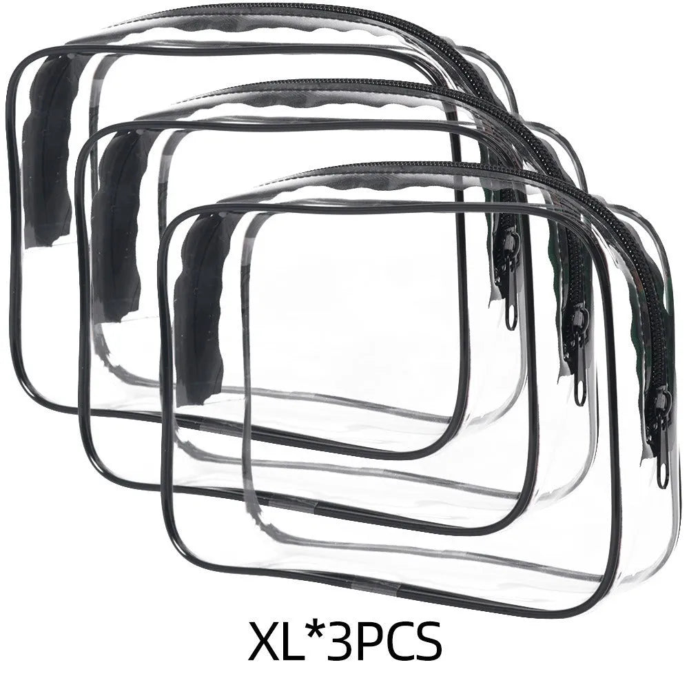 PVC transparent makeup bag in semi-transparent black, pink and white colours with zip closure
