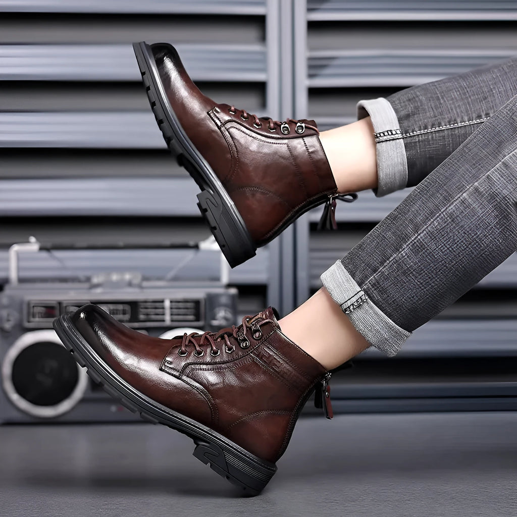 Men's black and brown leather Martin ankle work boots with square heel and rubber sole