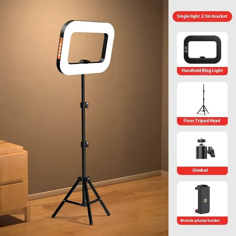 Rechargeable mobile phone fill-in light kit with adjustable colour temperature and desktop mounting bracket