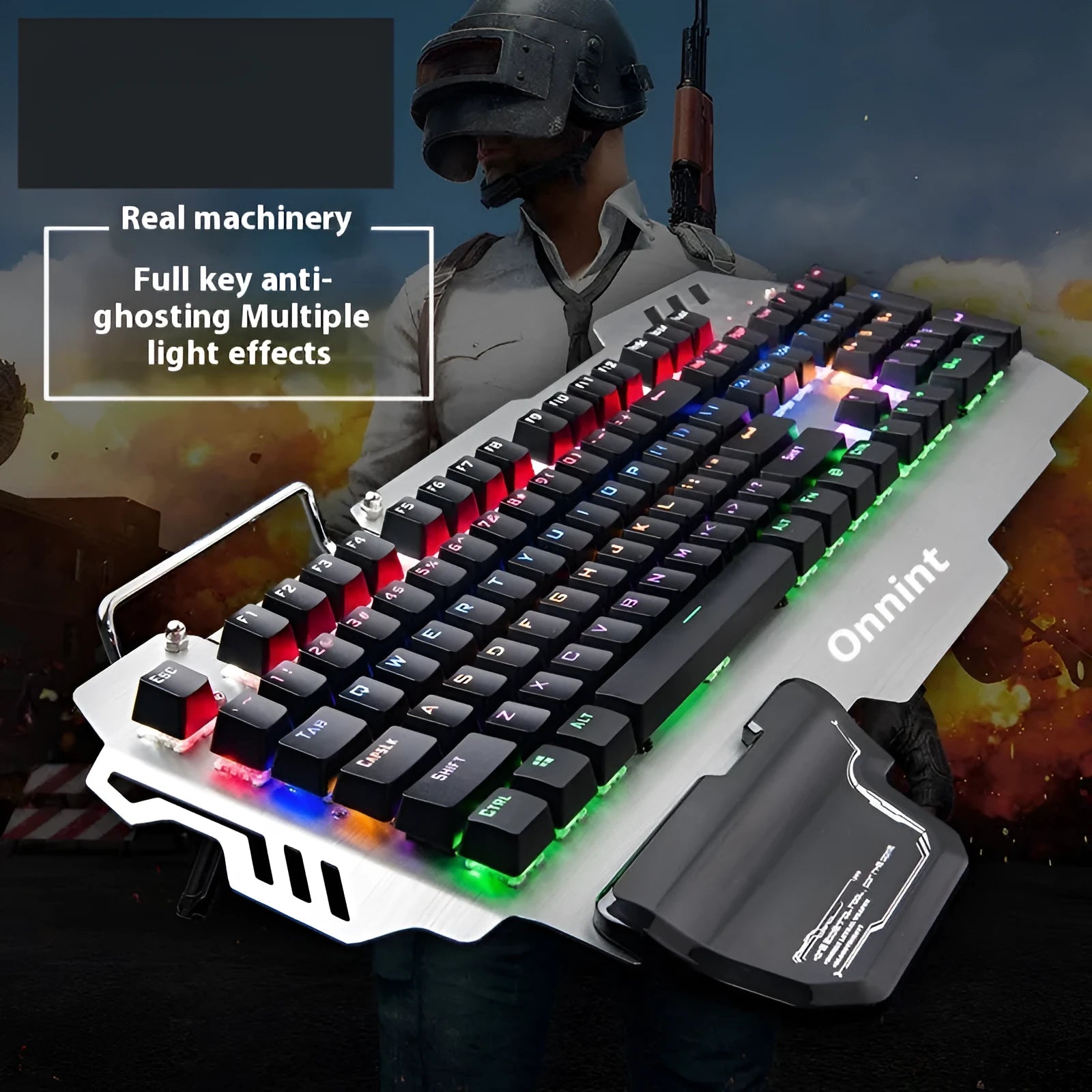 Silver metal gaming keyboard with detachable wrist splint on desktop