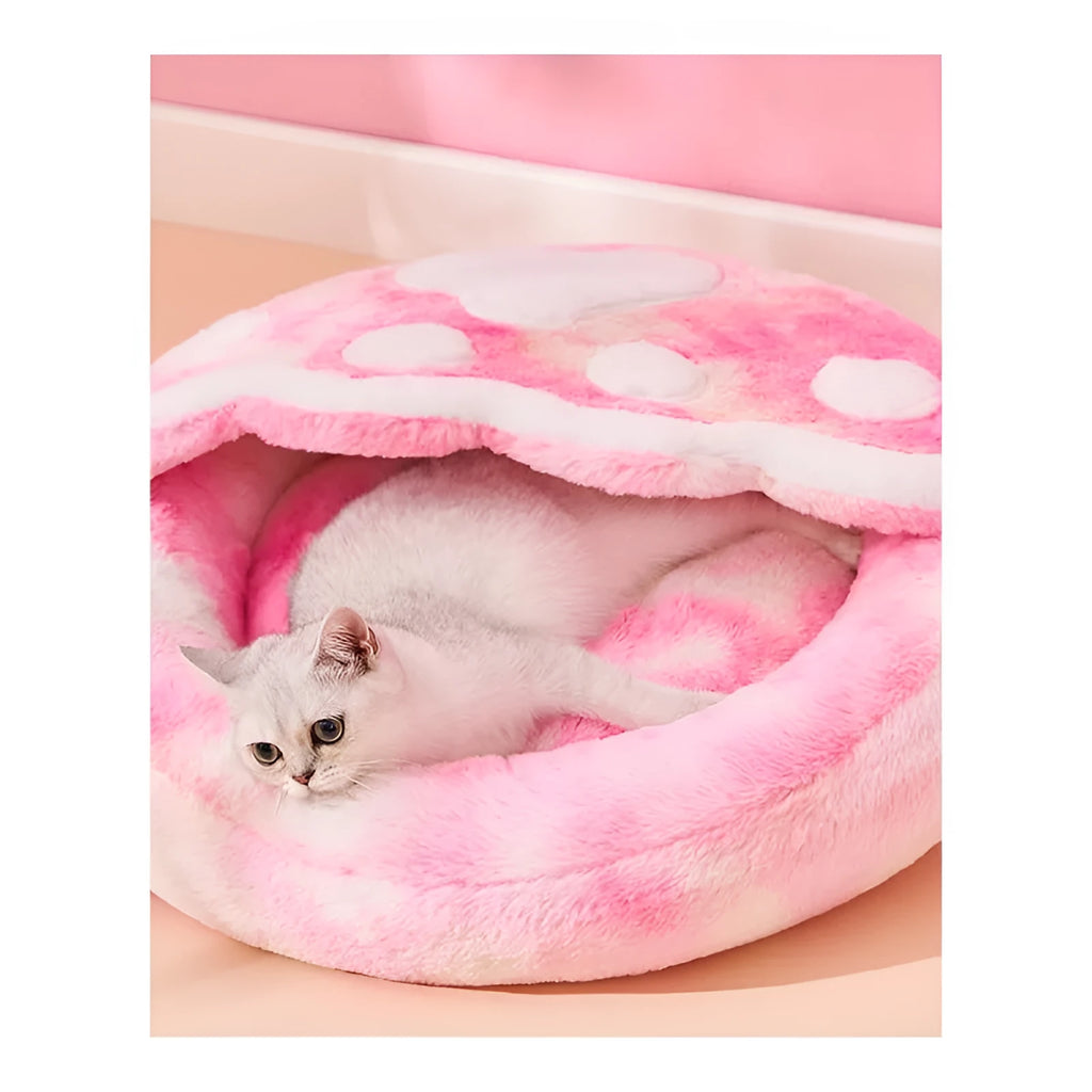 Pink plush enclosed cat bed with unicorn pattern, size S (35cm wide), for indoor pet sleep