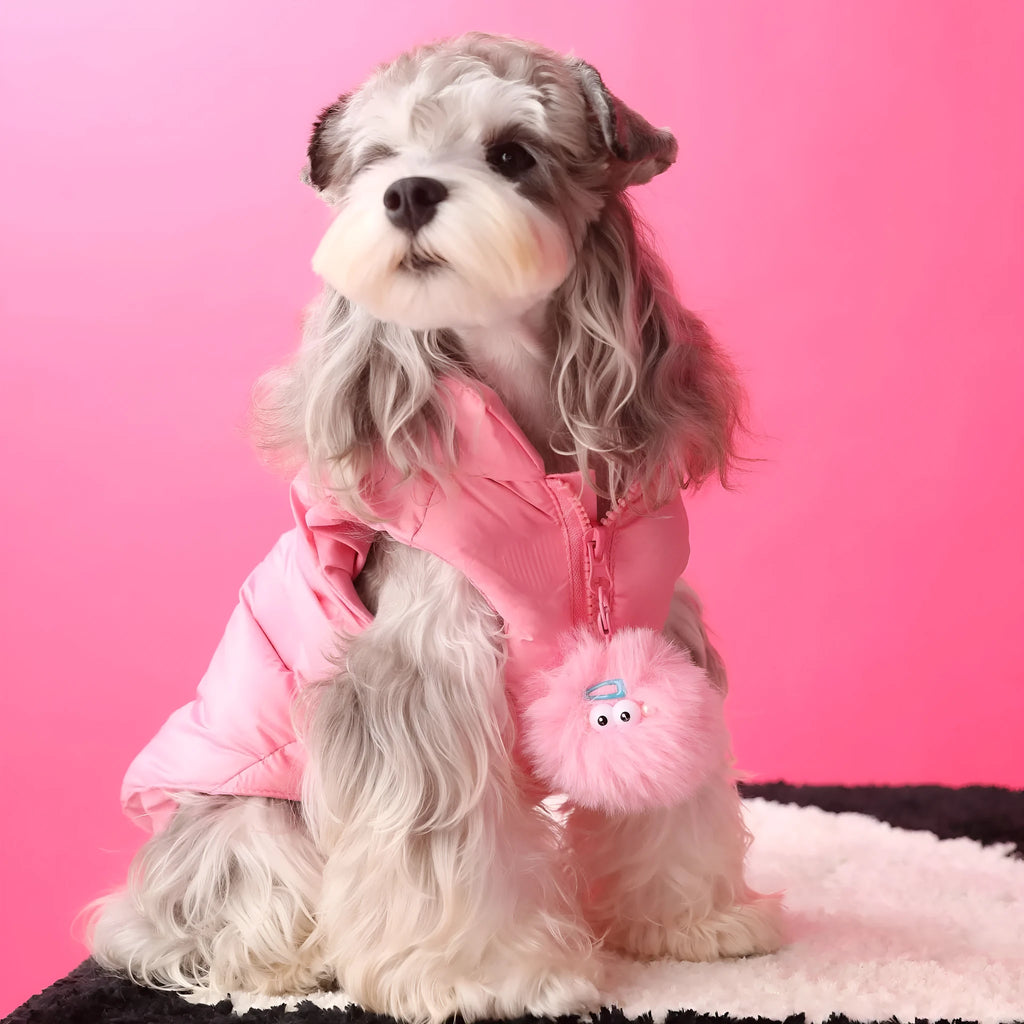 Polyester sleeveless warm down dog vest in Vest colour with removable fur ball, side view