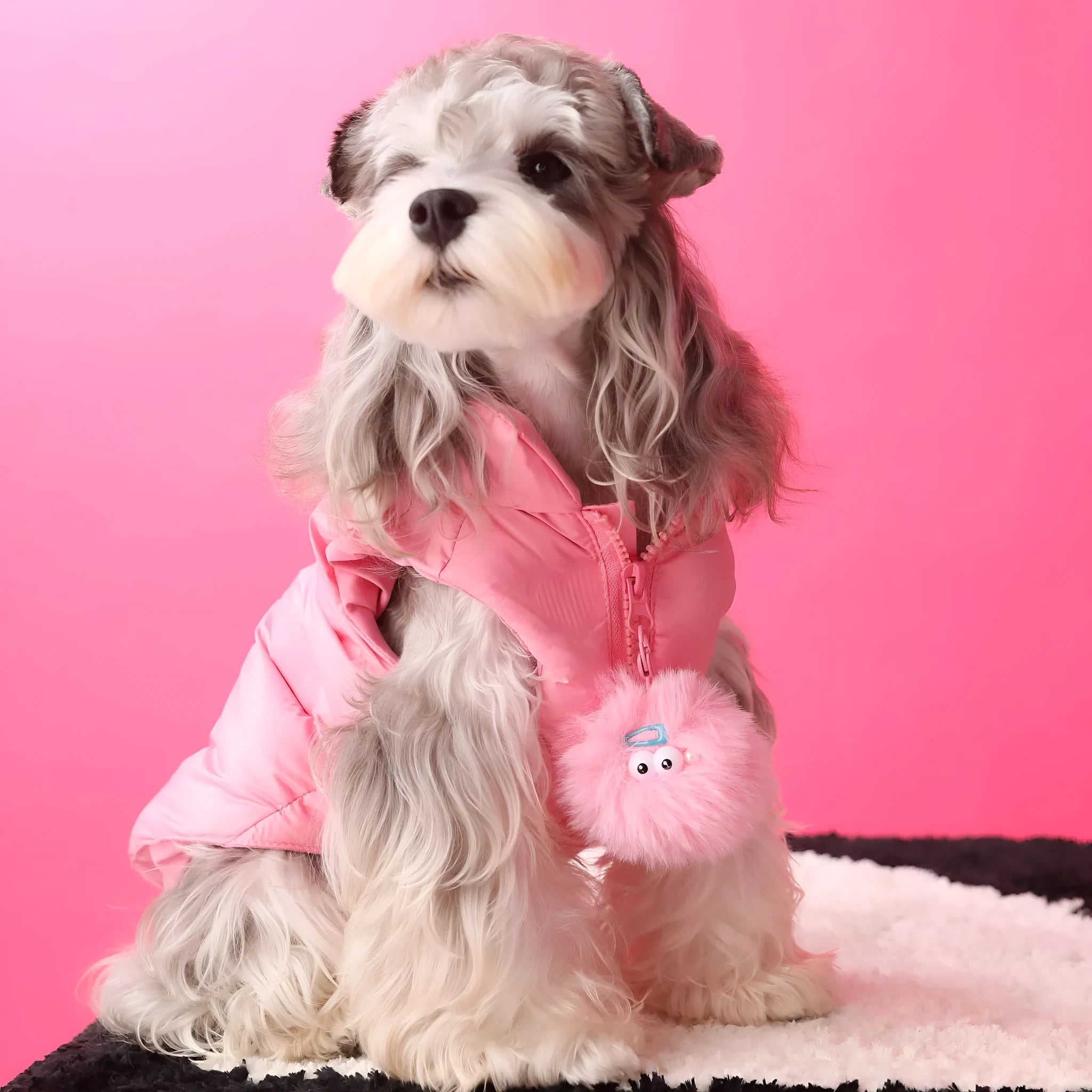 Polyester sleeveless warm down dog vest in Vest colour with removable fur ball, side view