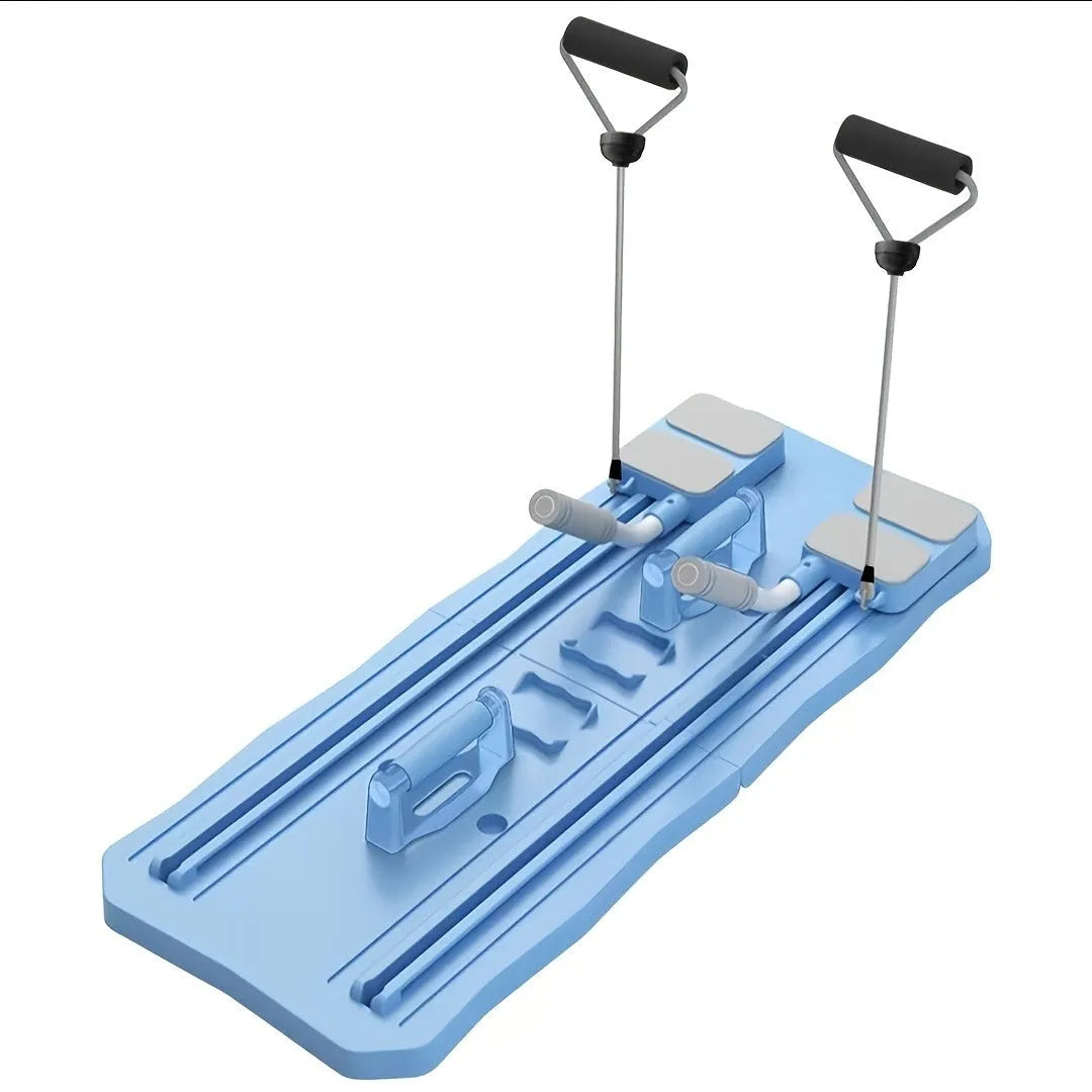 Blue and pink portable ABS supine board-wheel for abdominal exercises at home.