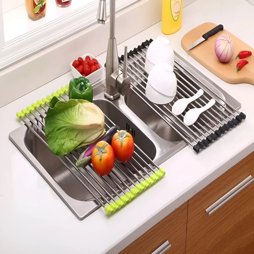 Foldable stainless steel kitchen drain sink rack with polypropylene drying tubes