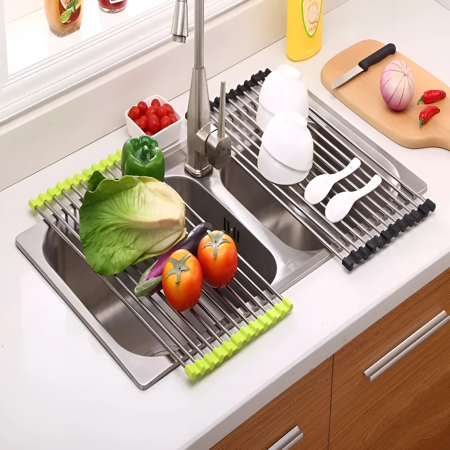 Foldable stainless steel kitchen drain sink rack with polypropylene drying tubes