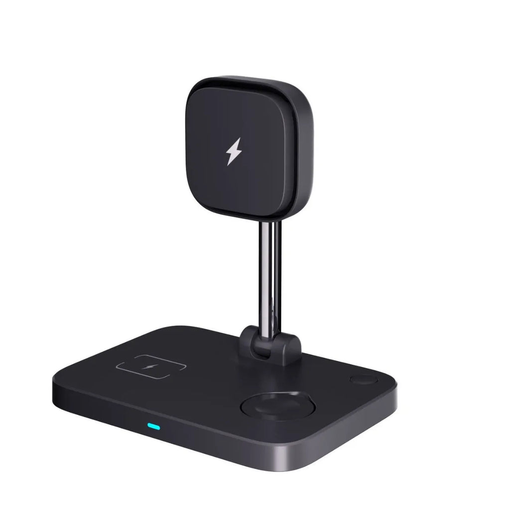 Black desktop magnetic wireless three-in-one charger with cooling bracket for phone watch earbuds