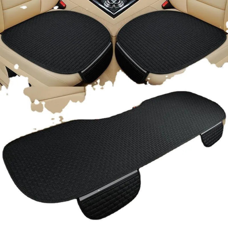 Linen plaid car cushion set showing hemmed edges in charm coffee colour arranged on car seat