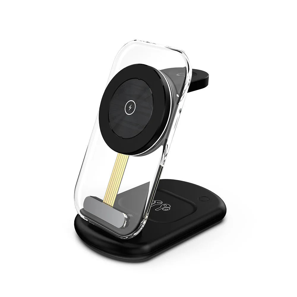 Clear folding wireless charger showing three internal coils, propped upright charging a mobile phone.
