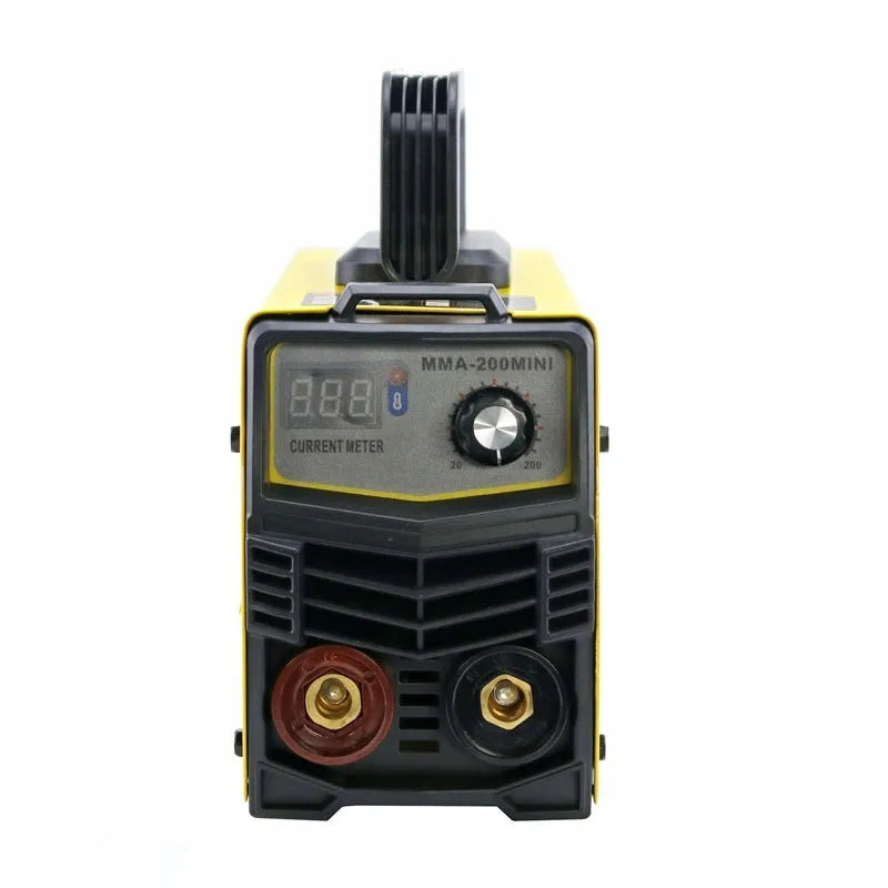 MMA-200MIN compact blue and black inverter welding machine with attached cables, face shield, and brush on a workbench.