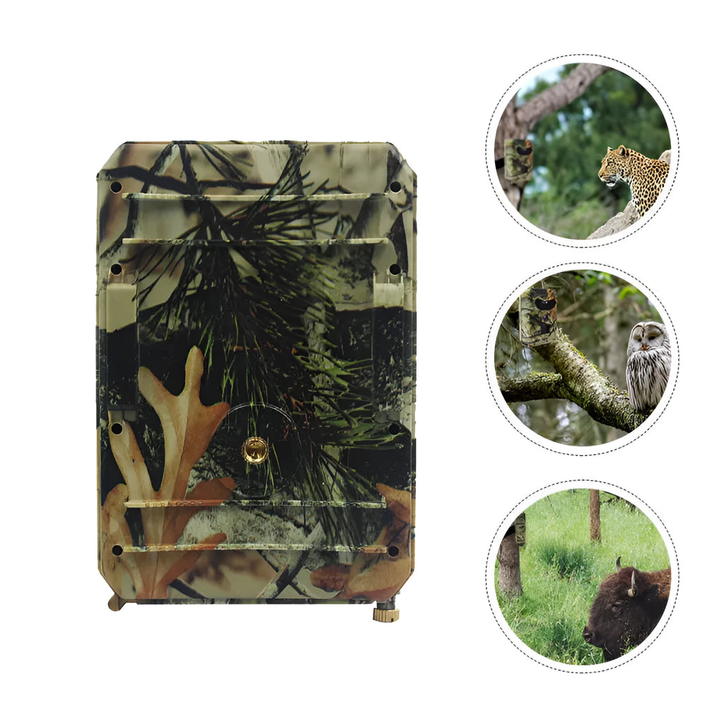 Yellow brown 16MP infrared game trail camera showing lens and housing on a tree branch.