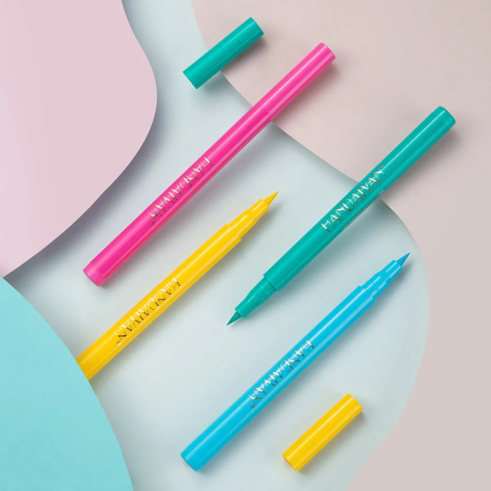 Twelve matte liquid eyeliners in assorted colours, each 1.6g, with fine tip for precise application