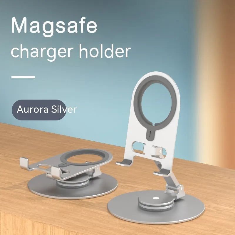 Desktop adjustable wireless charging stand with rotary arm in silver, alloy construction