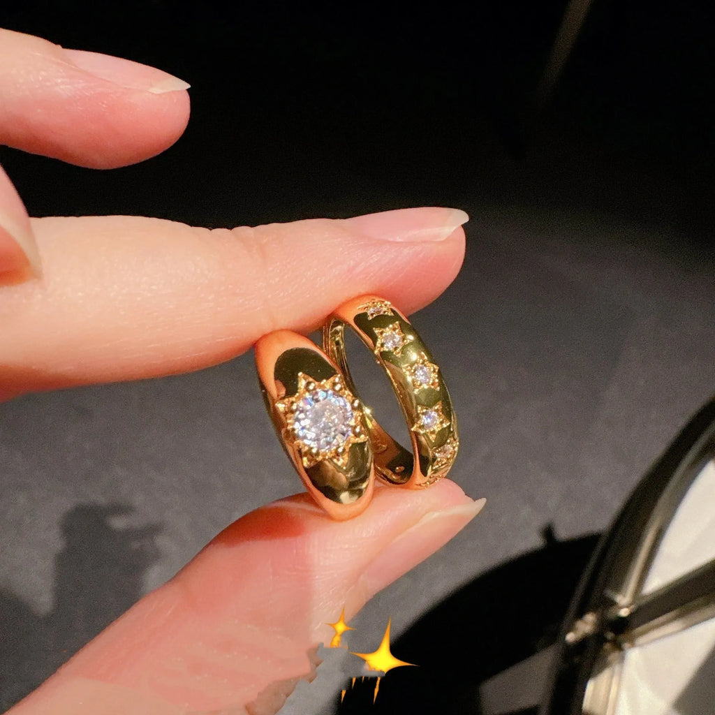 Gold-plated open ring with glossy zircon stone in geometric quadrilateral setting, Asterism colour option