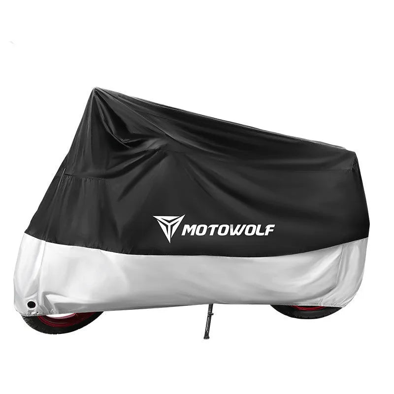 Black motorcycle cover made of 190T polyester and 210D Oxford cloth parked over a scooter outdoors