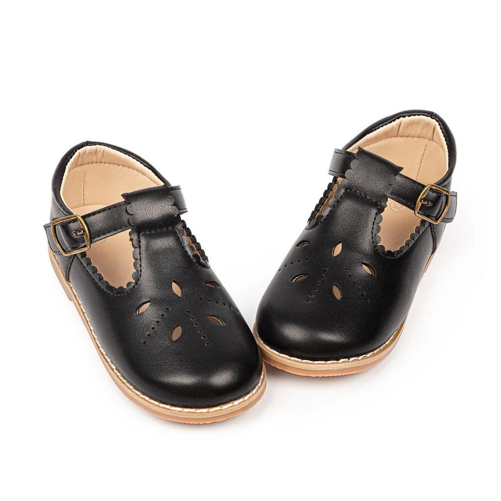 Girls British style PU leather shoes with hollow breathable upper and Velcro fastening, available in black