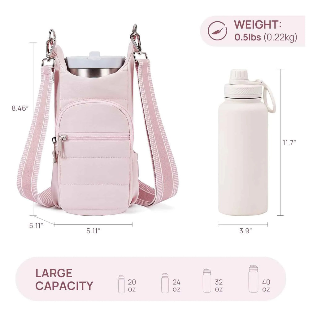Cloth bicycle water bottle bag in modern minimalist style showing black, pink and beige colour options