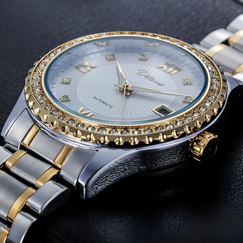 Men's gold automatic mechanical watch with luminous hands on a black dial, showing a 13mm thick waterproof case.