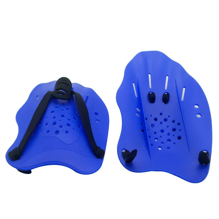 A pair of solid black swim training paddles with an overhand strap, shown on a blue background.