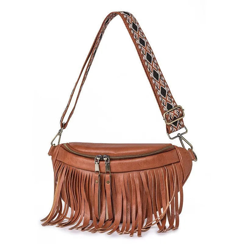 Retro messenger chest bag with tassel details and pleated design in soft PU material