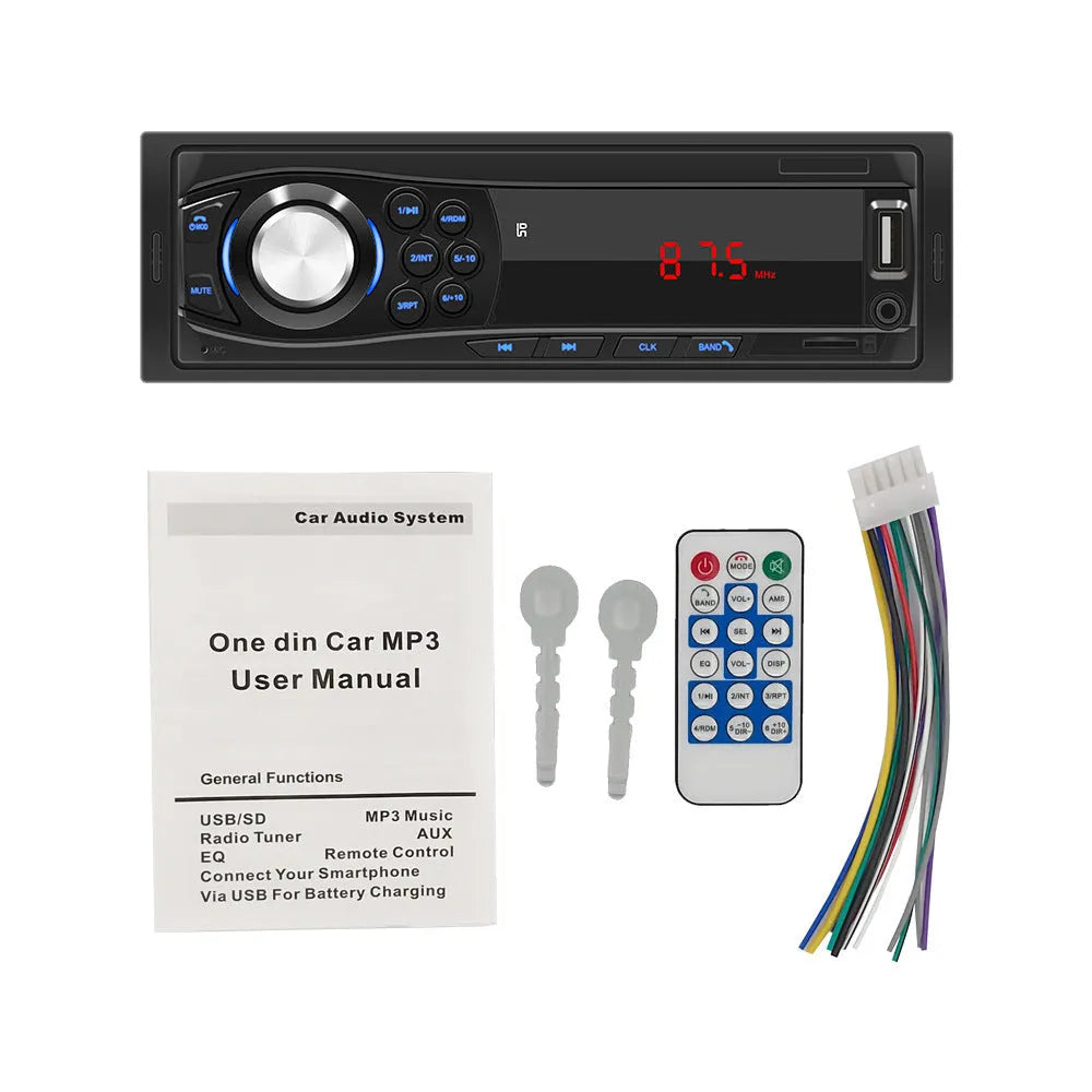 Black car Bluetooth MP3 player FM radio model 1028 with 12V DC power, monochrome screen, and remote control