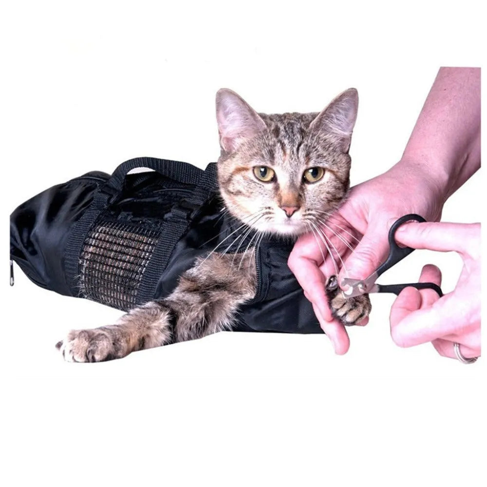 Black cat washing bag made from PU Oxford fabric, shown open at 28×17×2.5cm and folded to 10×10×3cm
