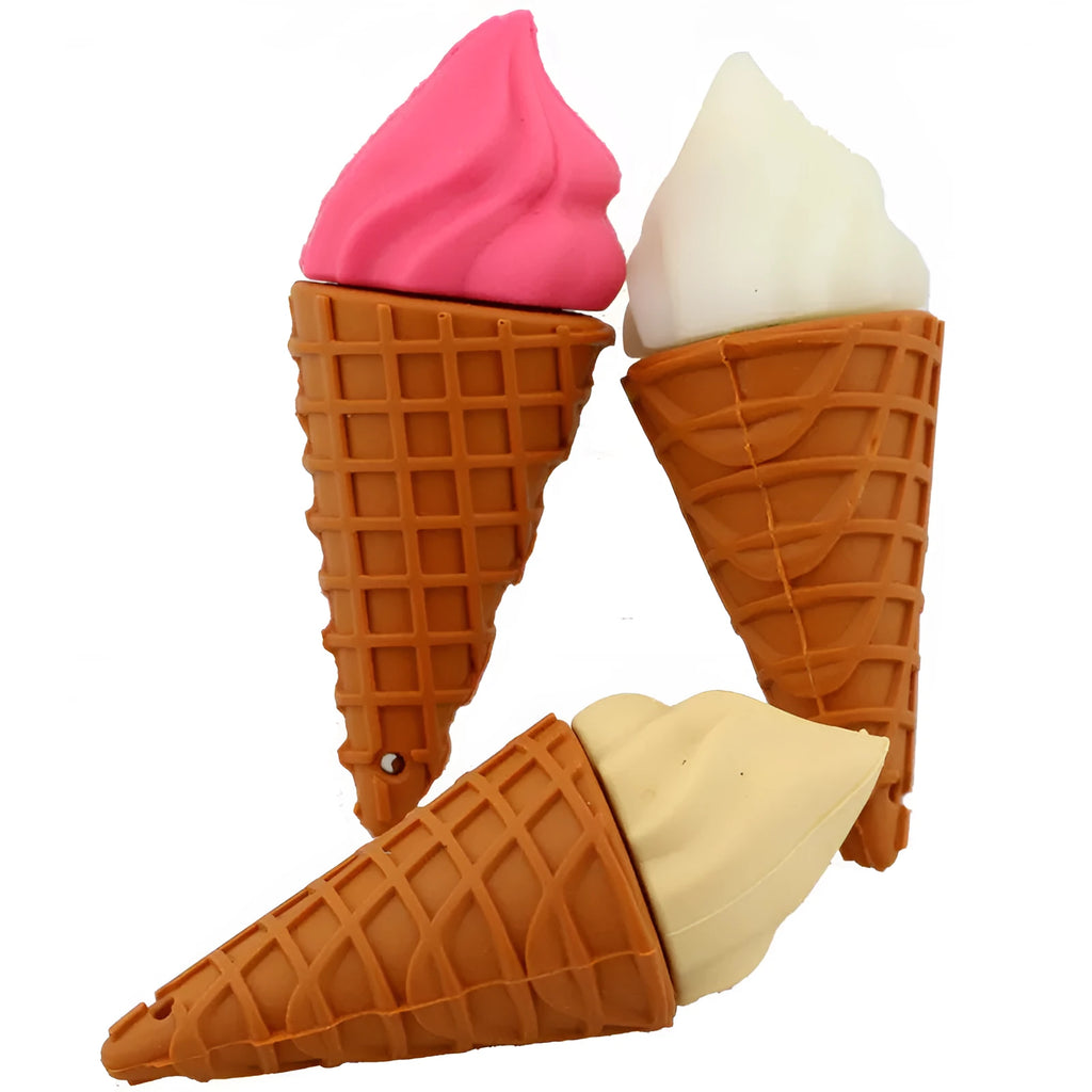 Miniature pink ice cream cone shaped USB flash drive on a white background.