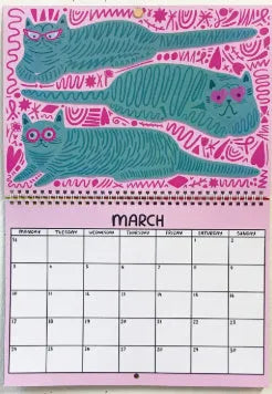 Cat calendar wall planner for 2024 or 2025 on a 42x30 cm paper sheet